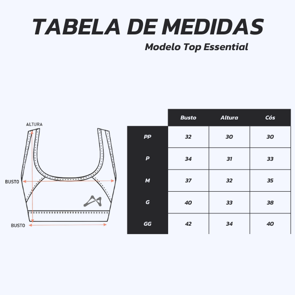 Tabela de medidas do top essential ATLET
